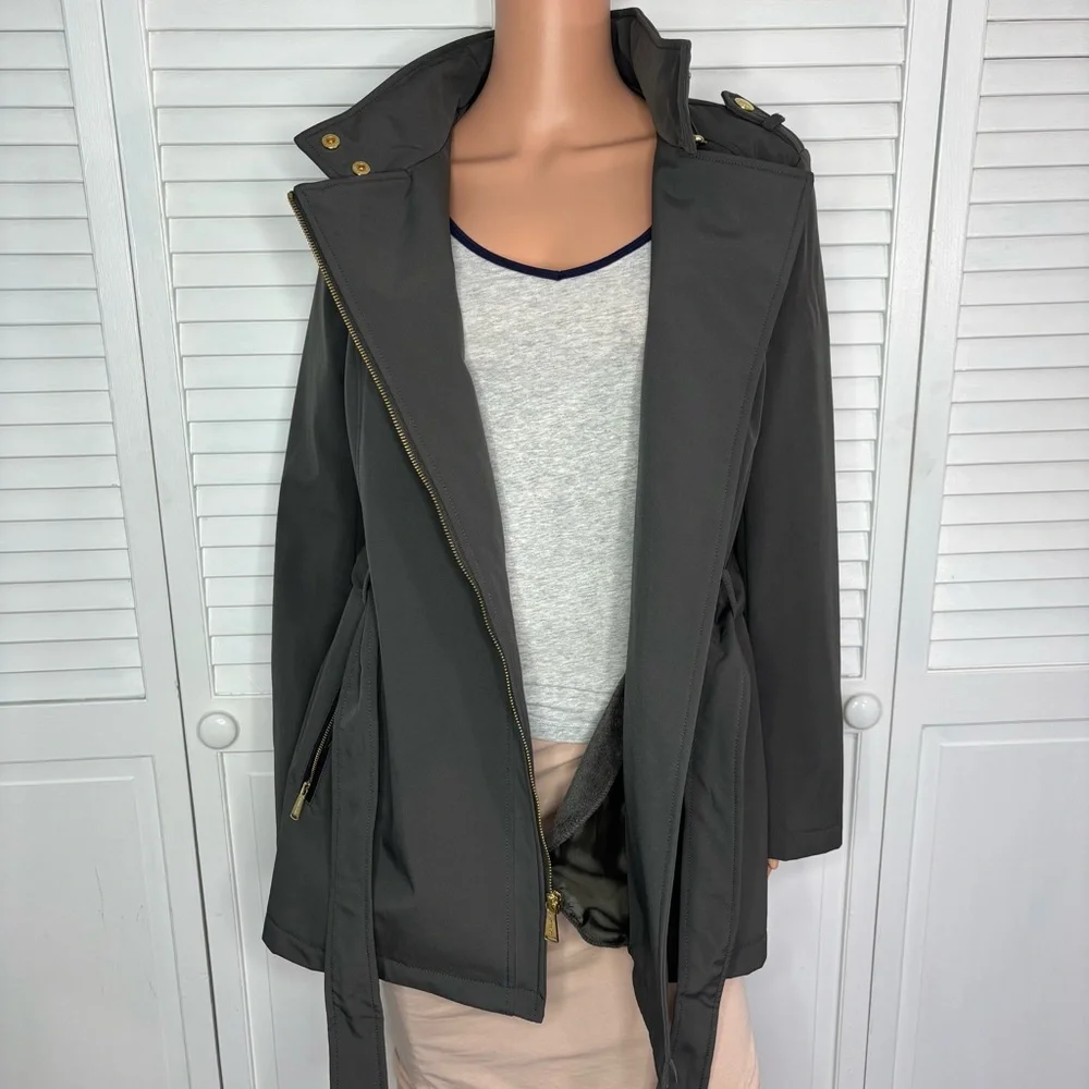 MICHAEL Michael Kors Belted Softshell Jacket in Dark Charcoal Grey Size Small